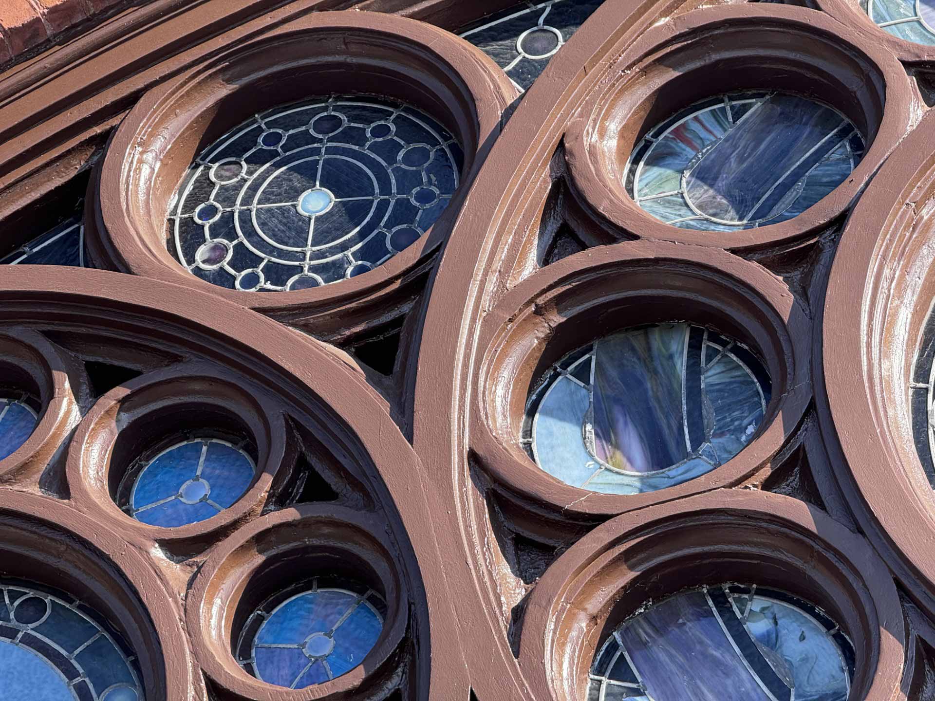 Close up on restored stained glass window